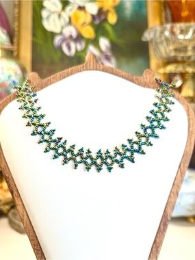 Handcrafted Iridescent Beaded Lattice Choker Necklace